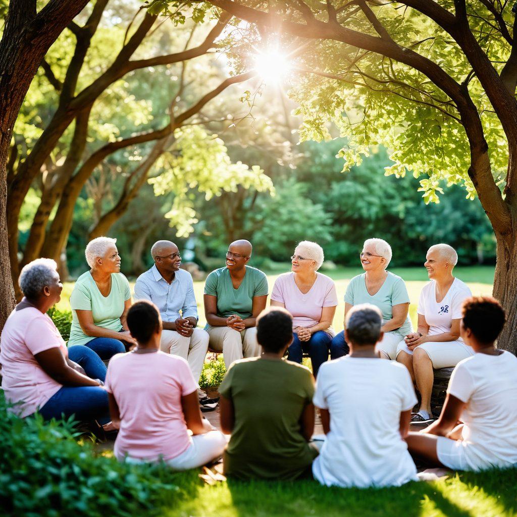 A circular support group gathering with diverse cancer survivors sharing stories, surrounded by greenery symbolizing hope and resilience. Include warm sunlight filtering through trees, highlighting the faces filled with determination and encouragement. Incorporate uplifting quotes in gentle fonts around the scene, enhancing a feeling of community and empowerment. vibrant colors. soft focus.