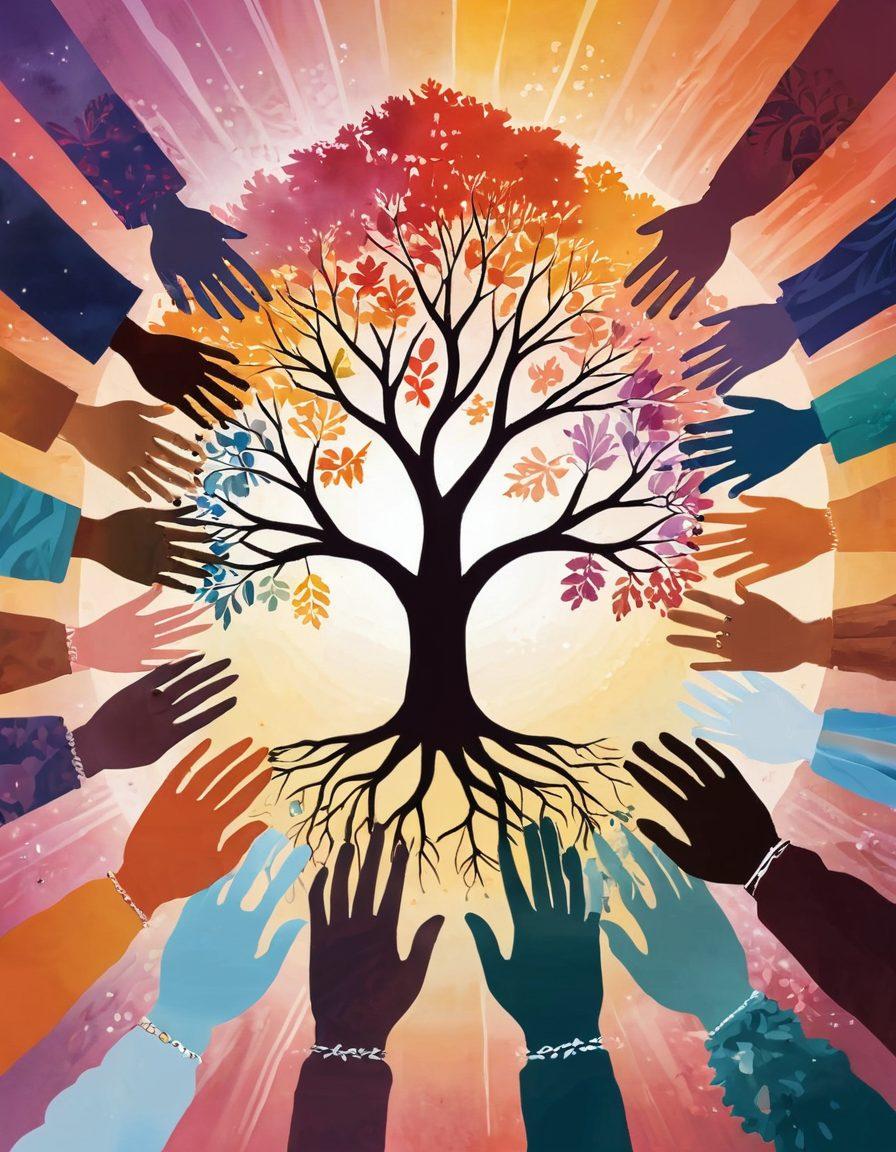 An illustration depicting a diverse group of people forming a supportive circle, with hands joined together symbolizing unity and healing. In the background, a glowing tree of life represents growth and resilience, surrounded by soft, warm colors to evoke a sense of comfort and community. Include elements like healing crystals and gentle light rays to enhance the sense of support. digital painting. vibrant colors. calming atmosphere.