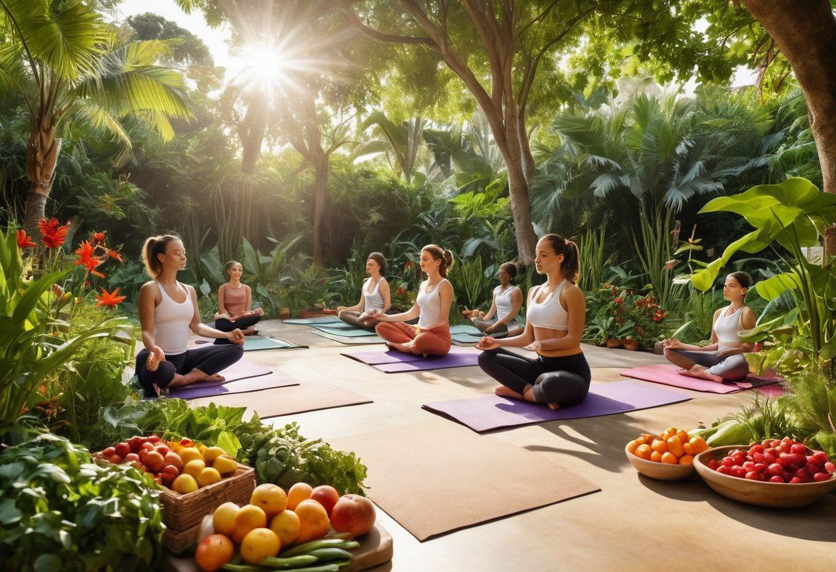 A serene scene depicting a diverse group of individuals practicing yoga in a lush outdoor setting, surrounded by vibrant plants and soft sunlight. Include elements of healthy food like fresh fruits and vegetables in the foreground, and an open journal with a pen representing emotional care. The composition should convey harmony and balance, showcasing both physical activity and nourishing nutrition. super-realistic. vibrant colors. natural background.